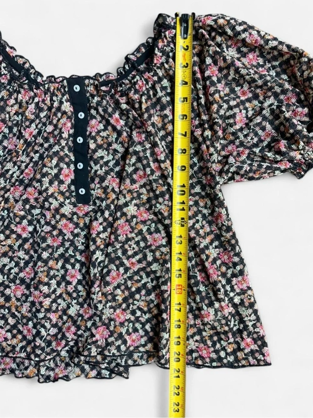 Free People Black Floral Lightweight Puff Sleeve Flowy Boho Top Sz S